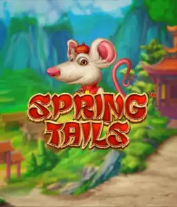 An enchanting illustration of a white rat dressed in traditional Chinese attire standing in a vibrant mountain backdrop. The image is for the Spring Tails game by Betsoft, highlighted with prominent gold and red logo lettering.